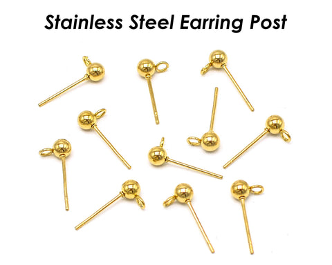 50 x Ball Post Earrings with Open Ring, Stainless Steel Post Earring Stud Gold Silver, Ball End Stud Earring, Ball Studs, Ball Post Earring