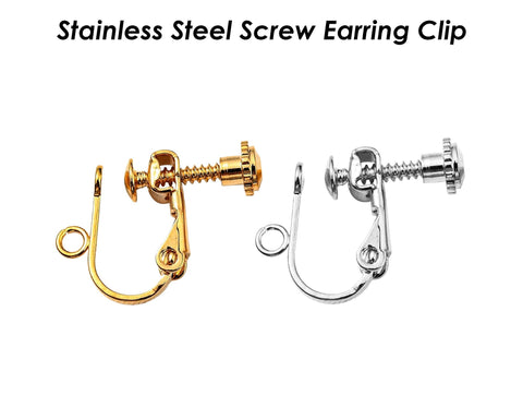 Clip-on Earring Wire Gold Silver, Stainless Steel Earring Clip with Loop, Screw Back Lever Back Earring Findings, Non Pierced Earring