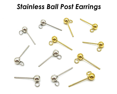 50 x Stainless Steel Ball Post Earrings, Silver Gold Stud Earring Post, Stud Earring Findings With Connectors, Ball Post Earring Supplies