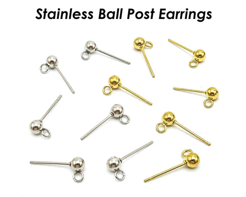 50 x Stainless Steel Ball Stud Earrings for Women Men, Surgical Steel Earring Posts with Loop, Ball Post Earring Gold Silver Jewelry Making