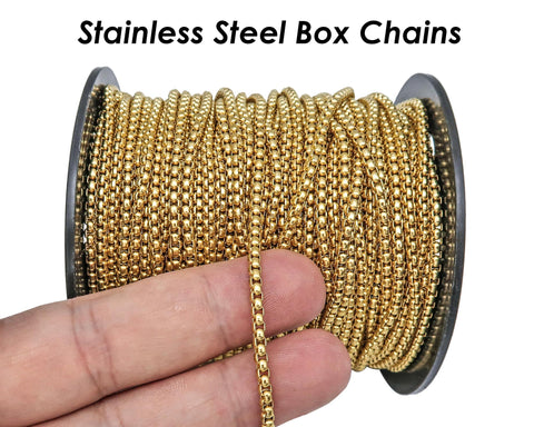 10 Feet Round Box Chain Bulk Wholesale, Tarnish Free Stainless Steel Box Chain Gold Black Silver for Men Women Necklace Jewelry Making