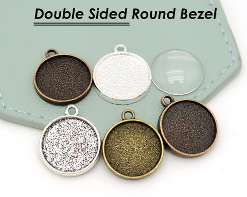 Double Sided Pendant Tray 16mm 20mm Round, Two Sided Pendant Bezel Pendant Blanks, 2 Sides Blank Pendant Setting for Jewelry Making