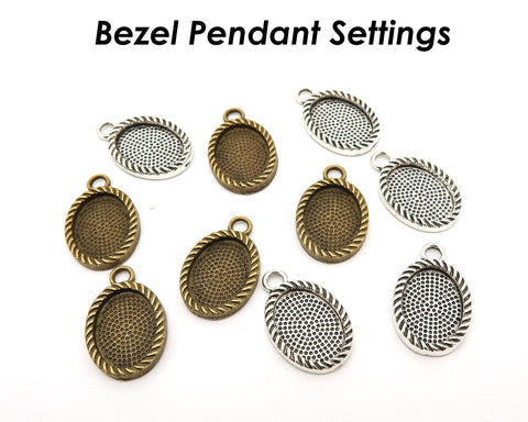 10x14mm 13x18mm Bezel Pendant Tray, Oval Bezel Setting for Cabochon Epoxy, Rope Edge Bezel Pendant Blanks For Jewelry Making