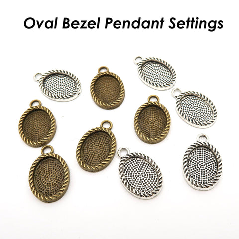 10x14mm 13x18mm Bezel Pendant Tray, Oval Bezel Setting for Cabochon Epoxy, Rope Edge Bezel Pendant Blanks For Jewelry Making