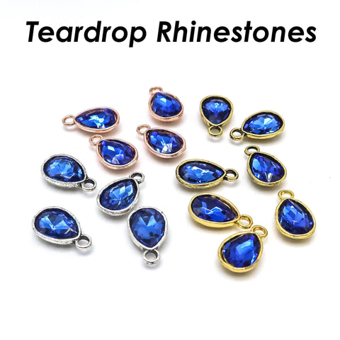 Teardrop Rhinestone Charms Silver Gold Rose Gold, Blue Stone Beads Jewelry Supplies for Earrings, Necklace Bracelet Making