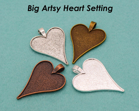 Big Arsty Heart Pendant Blanks, Big Heart Pendant Tray, Heart Bezel Pendant Setting for DIY Jewelry Making