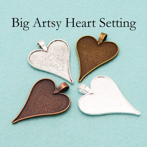 Big Arsty Heart Pendant Blanks, Big Heart Pendant Tray, Heart Bezel Pendant Setting for DIY Jewelry Making