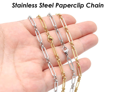 Stainless Steel PaperClip Necklace Gold Silver, Rectangle Link Paperclip Chain Paper Clip Necklace for Women Men, Paper Clip Chain