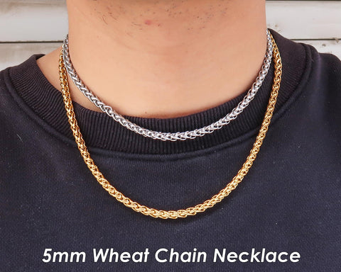 5mm Wheat Chain Necklace Gold Silver, Stainless Steel Necklace for Men Women, Wheat Necklace Wheat Bracelet, Chunky Necklace, Gift for Him