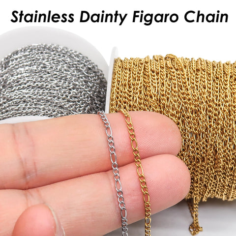 Dainty Figaro Chain Stainless Steel Figaro Link Chain Gold Silver, Dainty Chain Bulk Stainless Steel Chain for Jewelry Making
