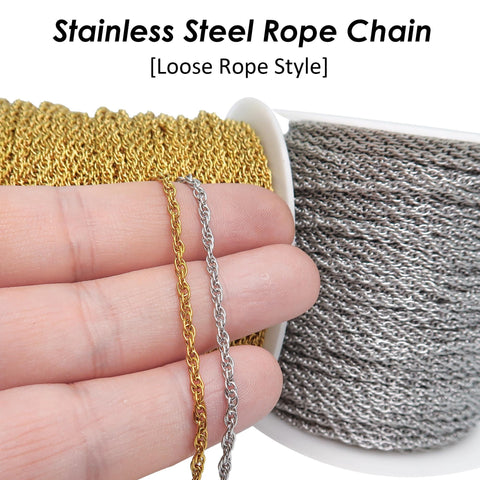 10 Feet Loose Rope Chain Stainless Steel Rope Chain for Necklace or Bracelets, Bulk Stainless Steel for Jewelry Making