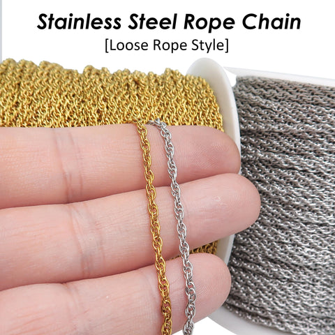 10 Feet Loose Rope Chain Stainless Steel Rope Chain for Necklace or Bracelets, Bulk Stainless Steel for Jewelry Making