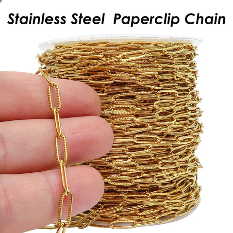 Pattern Paperclip Chain Stainless Steel Paperclip Chain Gold Silver for Necklace Bracelet, Bulk Paper Clip Chain by the Yard Foot Meter Roll