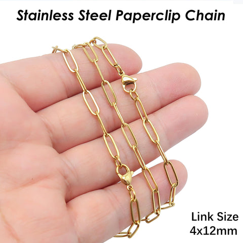 PaperClip Necklace Stainless Steel Paper Clip Chain Gold Silver Tone, Rectangle Link Paper Clip Necklace for Women or Men