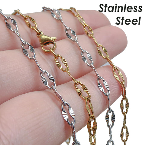 Diamond Cut Sparkle Chain Necklace, Textured Chain Necklace, Paperclip Necklace Gold Silver, Bulk Stainless Steel Necklace for Wome Men