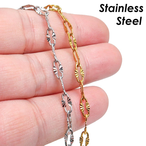 Diamond Cut Sparkle Chain, Textured Cable Chain, Paperclip Chain Gold Silver, Bulk Stainless Steel Chain for Jewelry Making