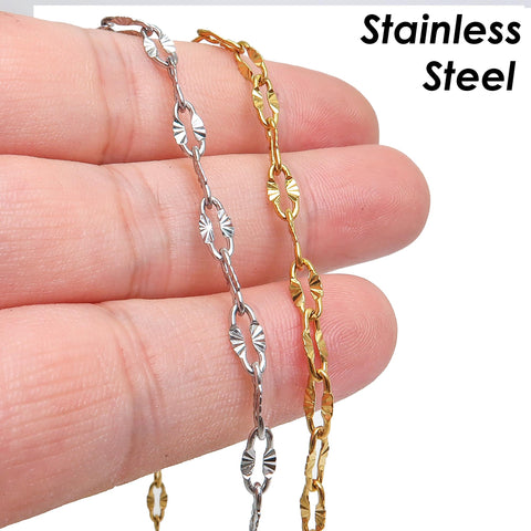 Diamond Cut Sparkle Chain, Textured Cable Chain, Paperclip Chain Gold Silver, Bulk Stainless Steel Chain for Jewelry Making