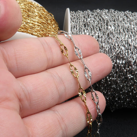 Diamond Cut Sparkle Chain, Textured Cable Chain, Paperclip Chain Gold Silver, Bulk Stainless Steel Chain for Jewelry Making
