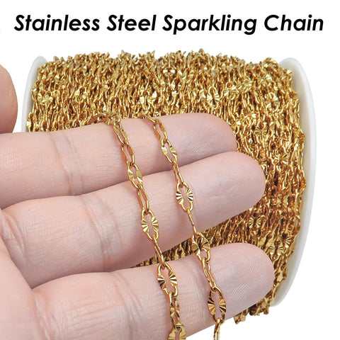 Diamond Cut Sparkle Chain, Textured Cable Chain, Paperclip Chain Gold Silver, Bulk Stainless Steel Chain for Jewelry Making