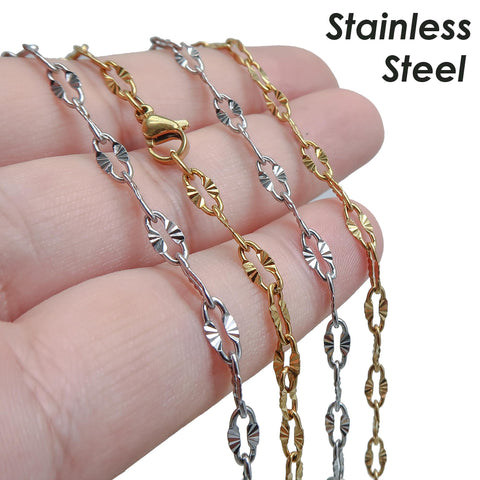 Diamond Cut Sparkle Chain Necklace, Textured Chain Necklace, Paperclip Necklace Gold Silver, Bulk Stainless Steel Necklace for Wome Men