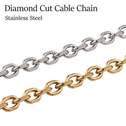 10 Feet Diamond Cut Cable Chain Gold Silver, Bulk Stainless Steel Chain Jewelry Making