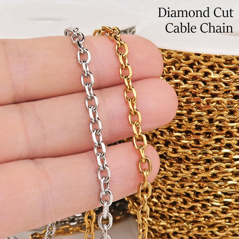 10 Feet Diamond Cut Cable Chain Gold Silver, Bulk Stainless Steel Chain Jewelry Making