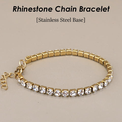 Clear Rhinestone Tennis Bracelet, Stainless Steel Chain Base Handmade Sparkle Jewelry, Gift for Her