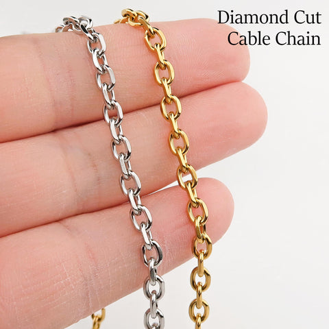 10 Feet Diamond Cut Cable Chain Gold Silver, Bulk Stainless Steel Chain Jewelry Making