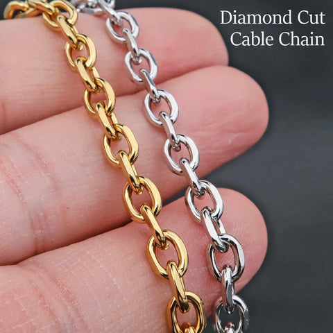 10 Feet Diamond Cut Cable Chain Gold Silver, Bulk Stainless Steel Chain Jewelry Making