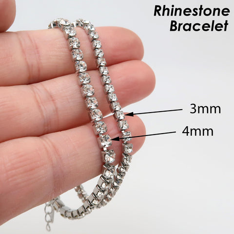Clear Rhinestone Tennis Bracelet, Stainless Steel Chain Base Handmade Sparkle Jewelry, Gift for Her