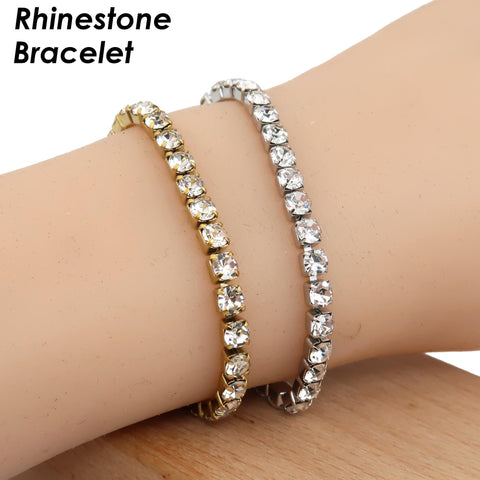 Clear Rhinestone Tennis Bracelet, Stainless Steel Chain Base Handmade Sparkle Jewelry, Gift for Her
