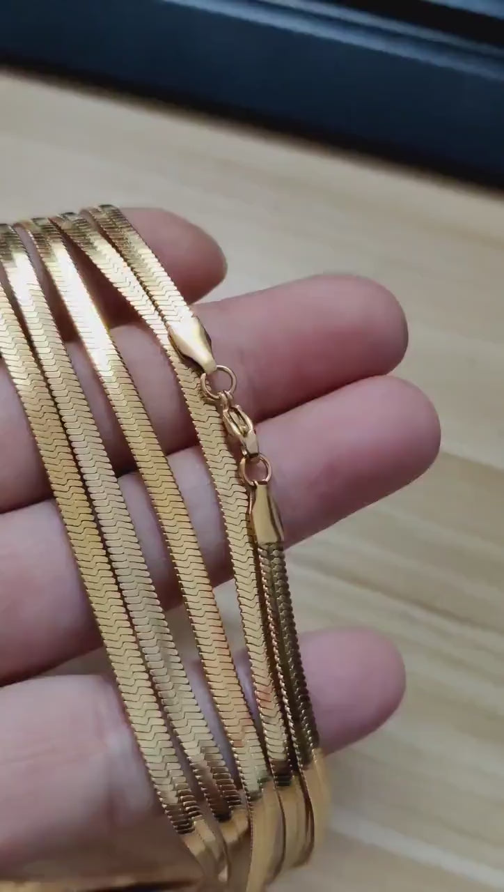 Stainless Steel Herringbone Choker Necklace Gold Silver 16 18 20 Inches Flat Snake Chain 3mm & 4mm Herringbone Necklace for Women